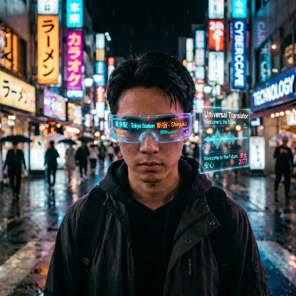 打破語言邊界：霓虹街道上的 AI 翻譯眼鏡