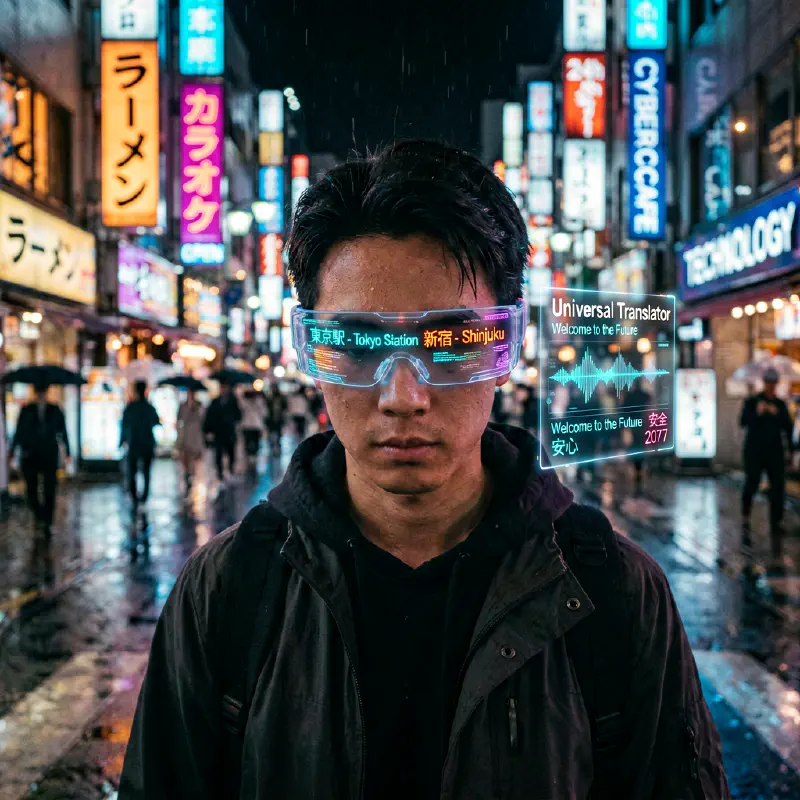 打破語言邊界：霓虹街道上的 AI 翻譯眼鏡
