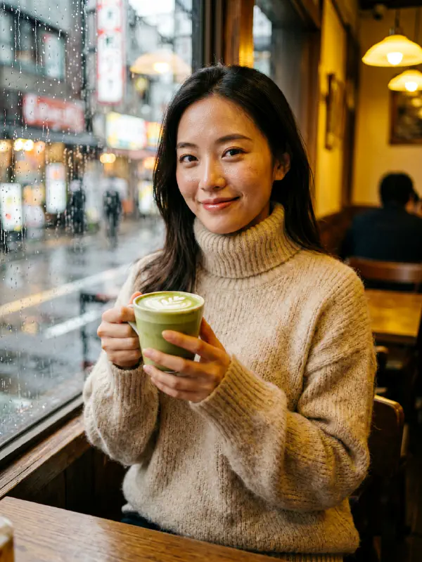 雨日午后的東京暖意：抹茶拿鐵與針織餘溫
