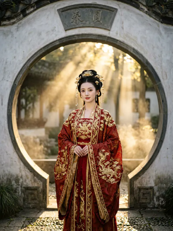漢宮秋月：絳紅羽衣與雕花圓門
