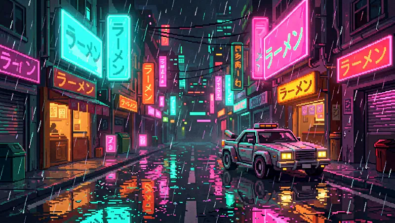 像素霓虹：雨夜賽博街景