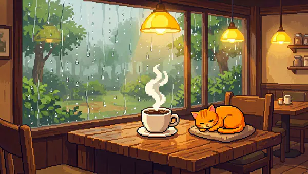 像素療癒：雨天咖啡館與熟睡貓咪