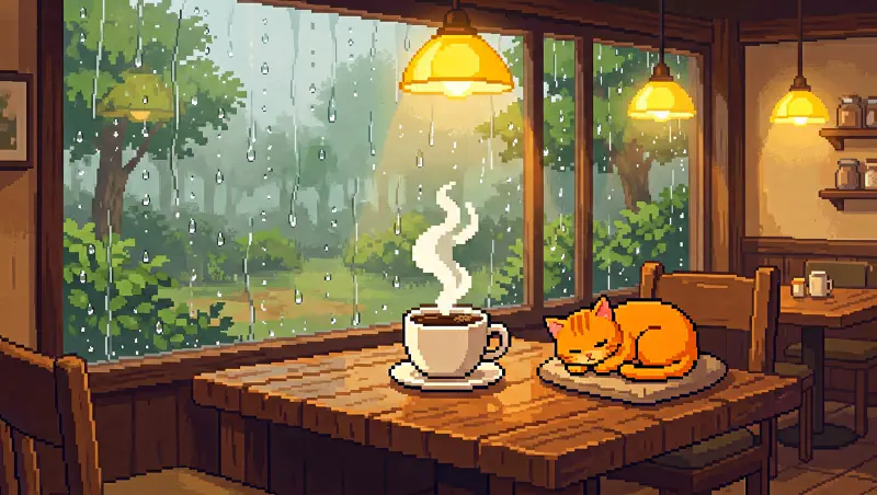 像素療癒：雨天咖啡館與熟睡貓咪