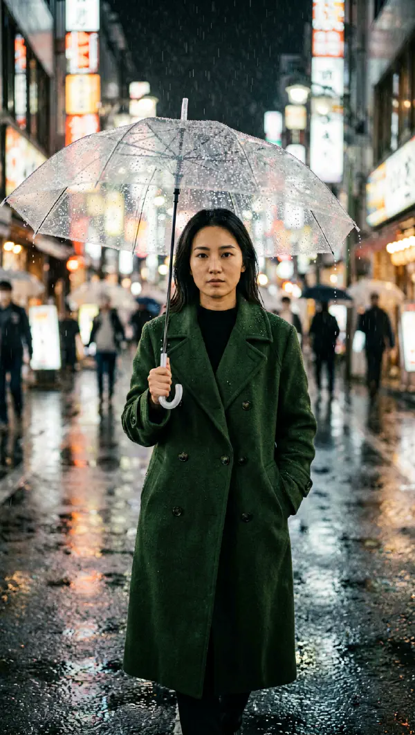 東京夜雨：光影交織下的透明雨傘