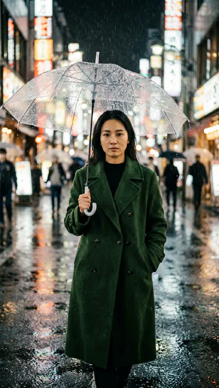 東京夜雨：光影交織下的透明雨傘