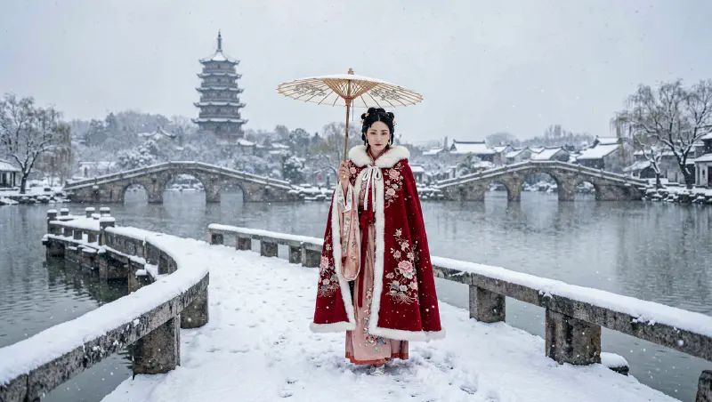 斷橋殘雪：江南雪景與絳紅漢服