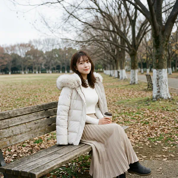極致細節與身材曲線的冬日公園肖像描述