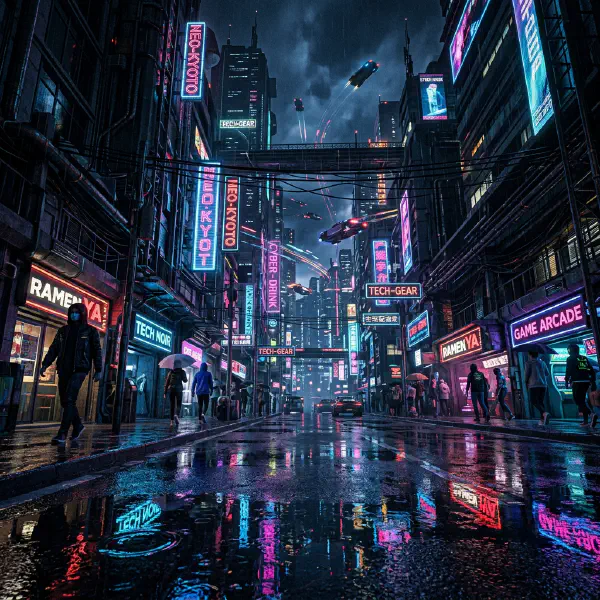 Cyberpunk city street in rain