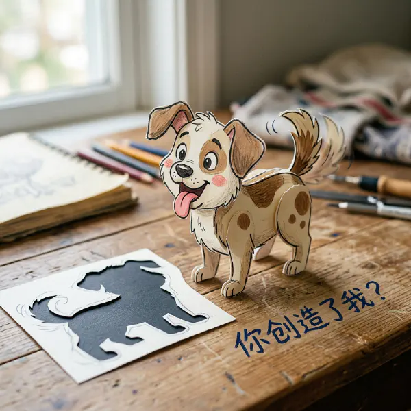 Whimsical Paper-Craft Puppy on Wooden Desk