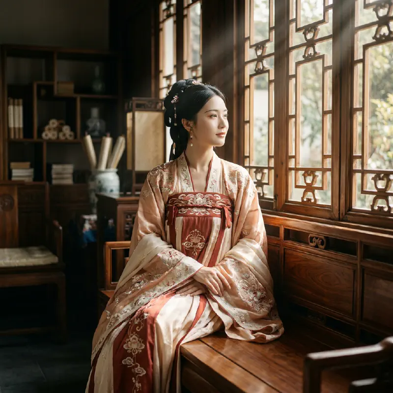 漢服少女斜倚透光格窗