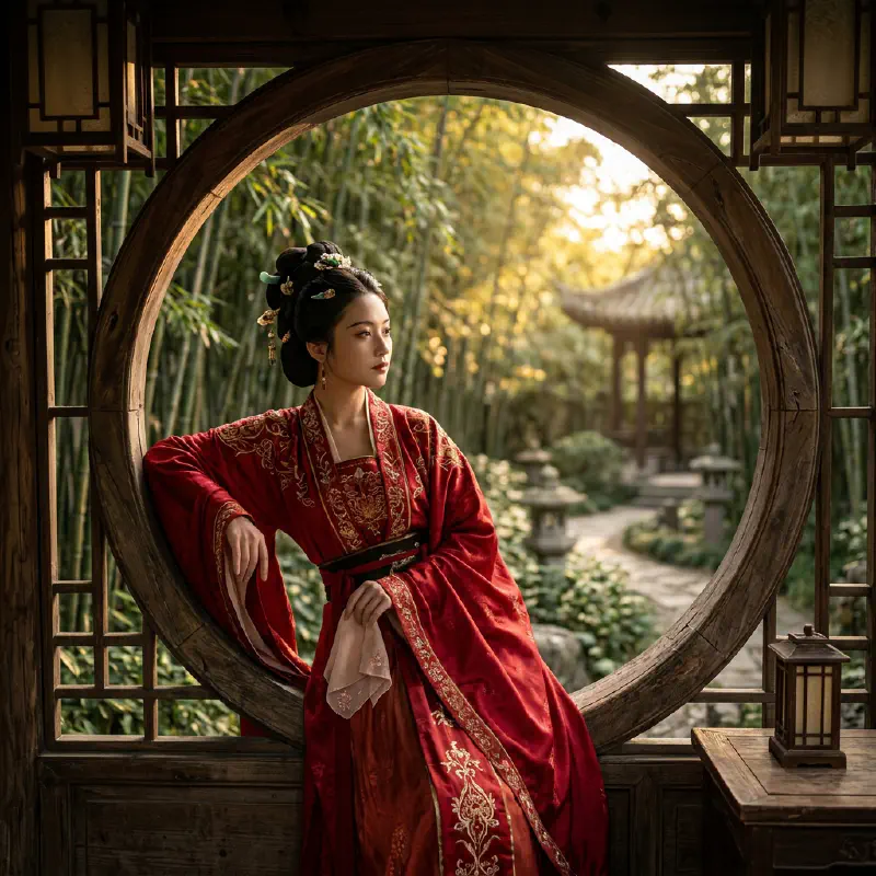 夕照圓窗望竹少女
