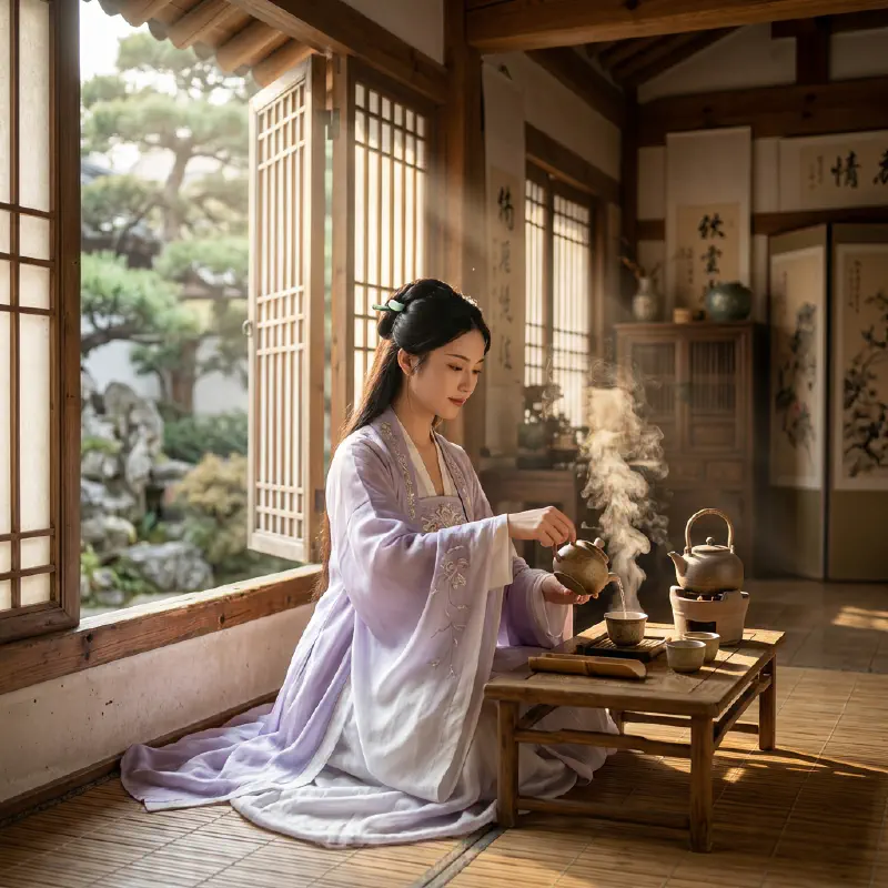 雅室晴日烹茶少女