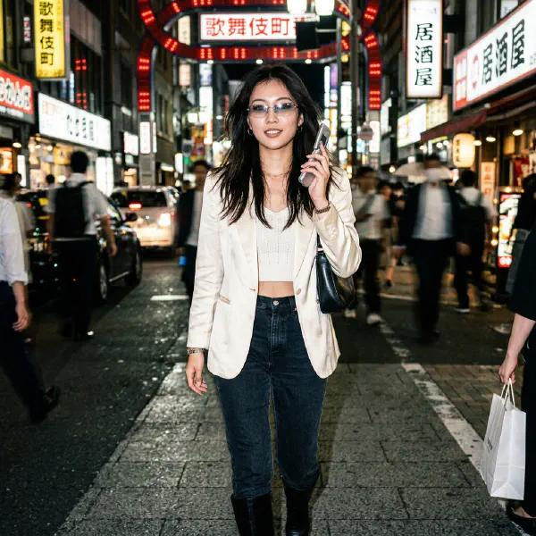 Y2K復古閃光燈美學：象牙白西裝的都市夜巡