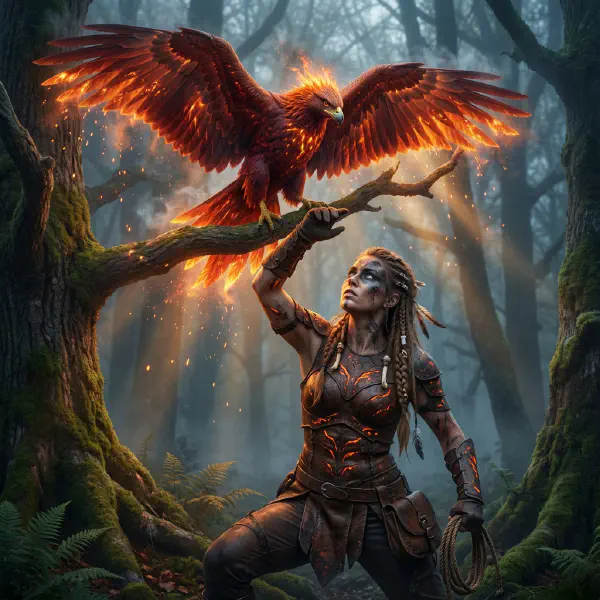 Cinematic Fantasy Scene with Fire Falcon