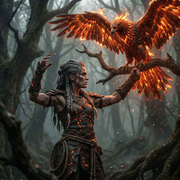 Epic Fantasy Warrior Commanding Fire Phoenix