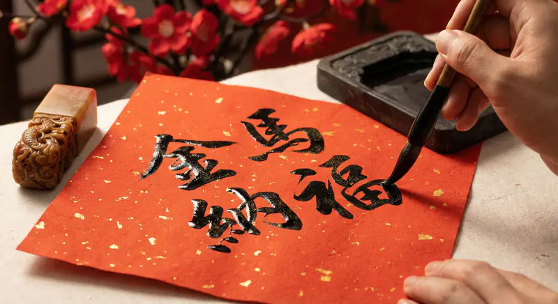 金馬納福：微距書法與紅梅