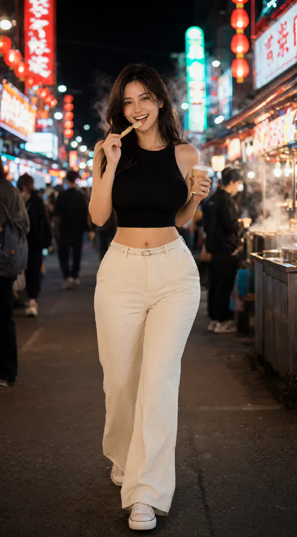 夜市小吃巡禮：黑色短上衣與寬褲