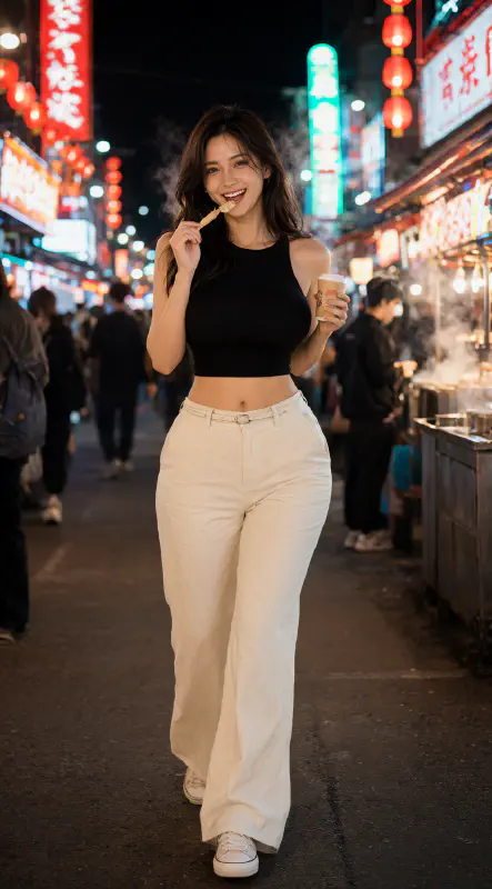 夜市小吃巡禮：黑色短上衣與寬褲