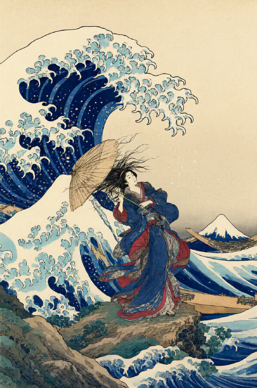 浮世繪錦繪：巨浪與持傘仕女