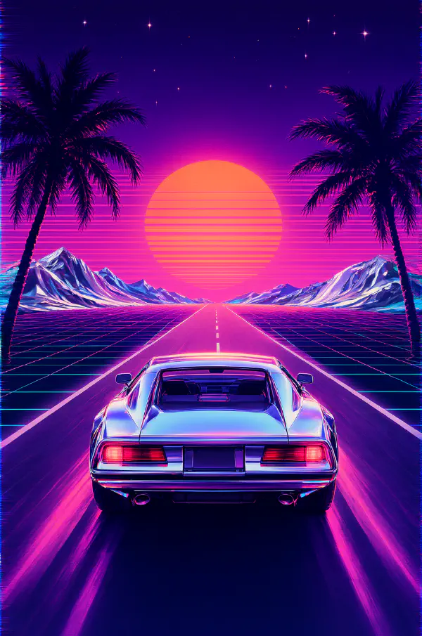 Synthwave 公路：鍍鉻跑車與落日網格