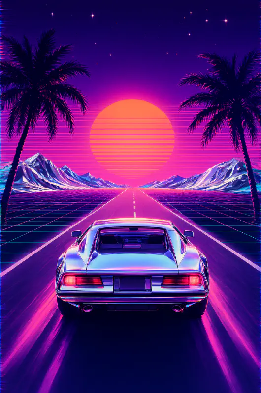 Synthwave 公路：鍍鉻跑車與落日網格