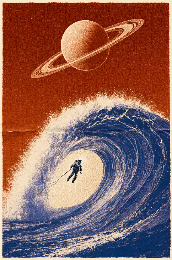 復古科幻網印海報：巨浪中的太空人
