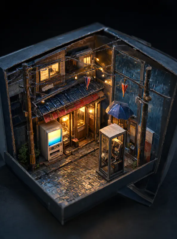 微縮 diorama：雨夜拉麵巷的模型盒