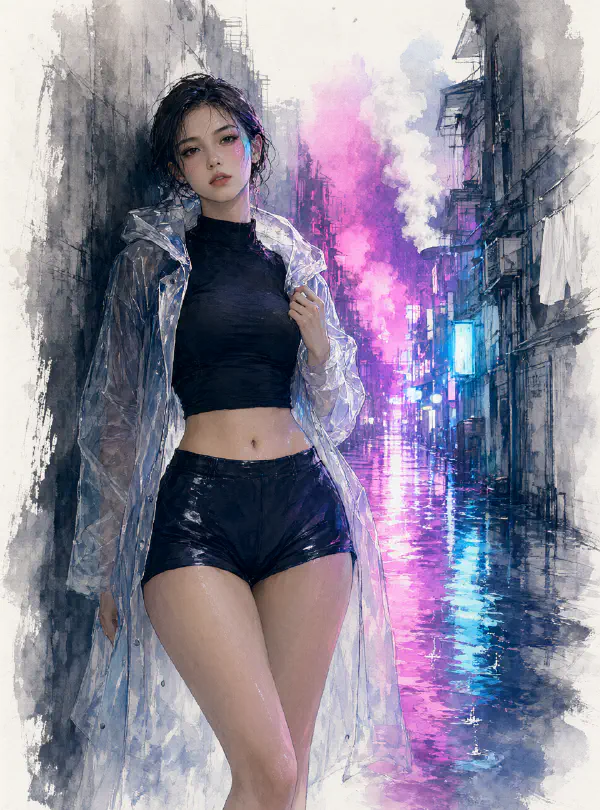 賽博龐克巷道少女：水墨與透明雨衣