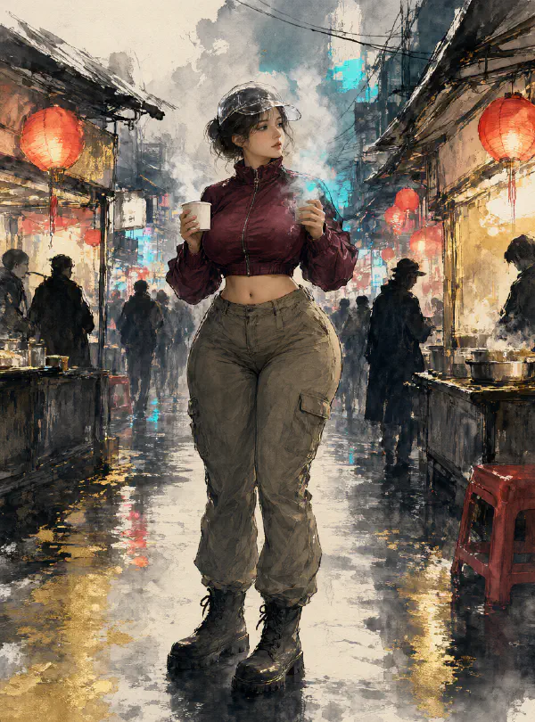 夜市蒸氣：酒紅夾克與卡其工裝褲
