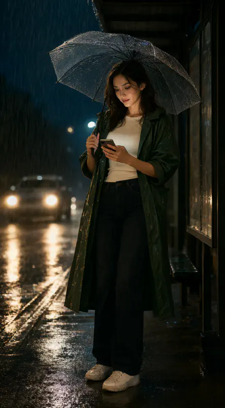 雨夜公交站：森林綠雨衣與手機螢幕光