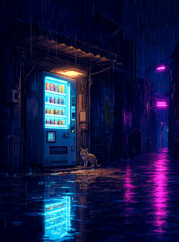 像素藝術：雨夜巷弄的販賣機