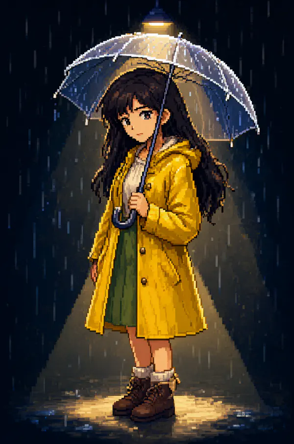像素藝術：黃雨衣撐傘少女