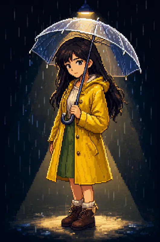 像素藝術：黃雨衣撐傘少女