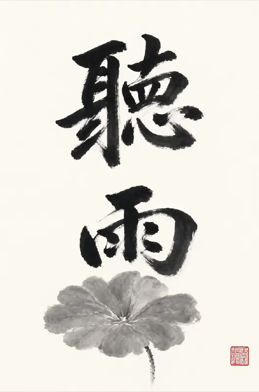 書法海報：聽雨與水墨小魚
