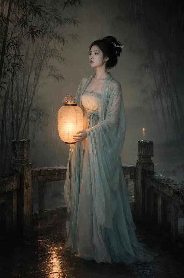 宋制褙子與紙燈：夜雨竹林石橋