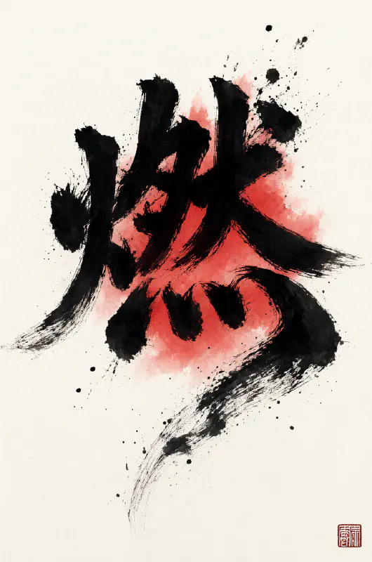 一筆狂草「燃」：硃紅墨暈海報