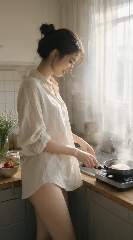 清晨廚房：蒸氣與晨光