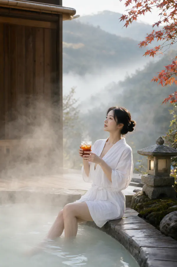山間溫泉：清晨的素白浴衣