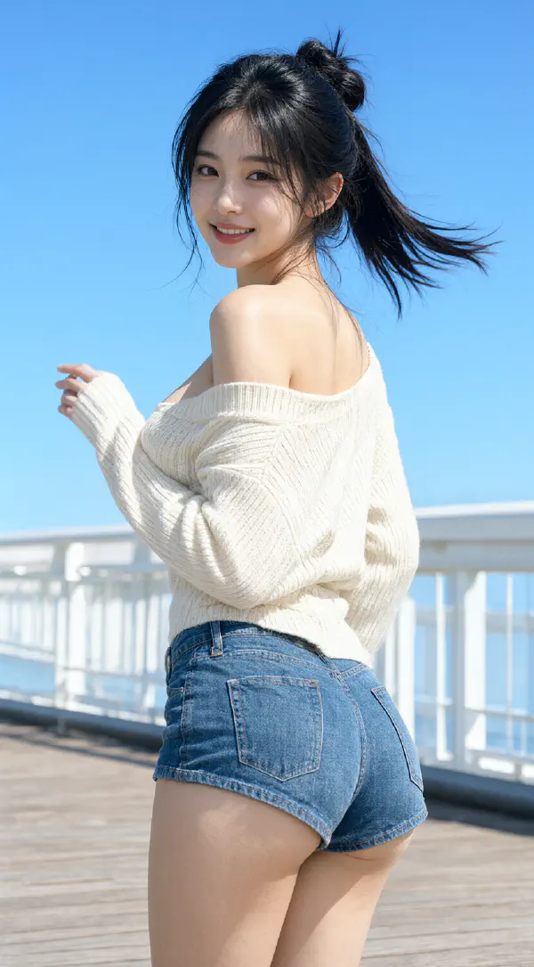 木棧道上的甩發回眸