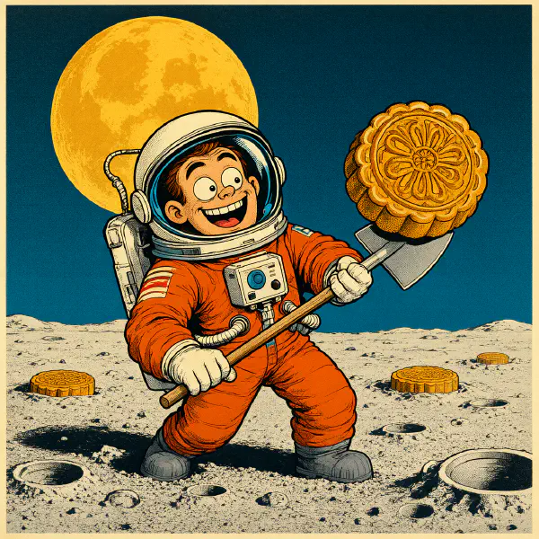 復古卡通：太空人在月球插月餅