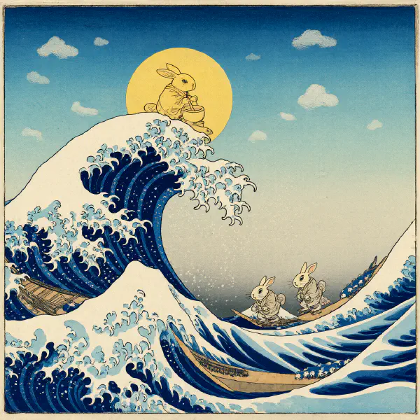 浮世繪：巨浪之巽的圓月與衝浪兔