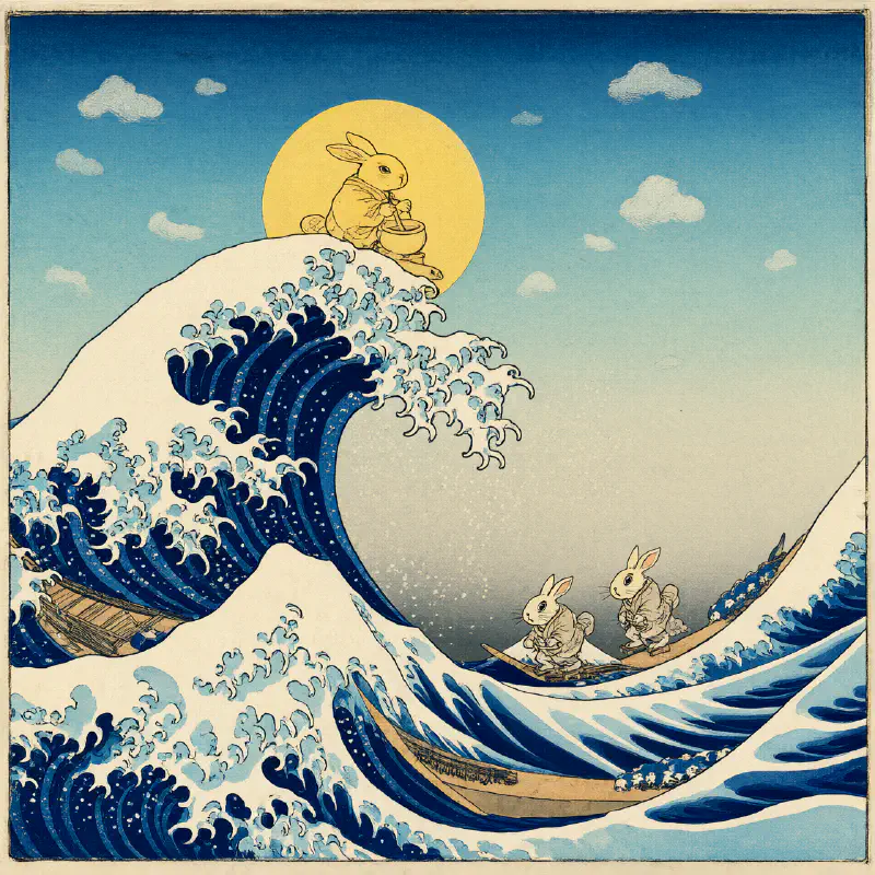 浮世繪：巨浪之巽的圓月與衝浪兔