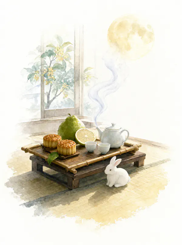水彩暈染：和室望月茶席