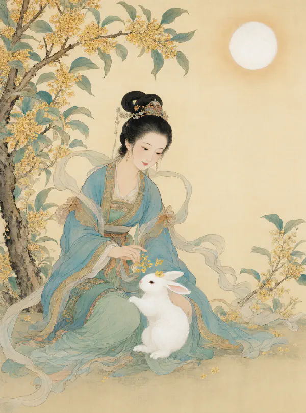 工筆重彩：嫦娥與撲裙的玉兔