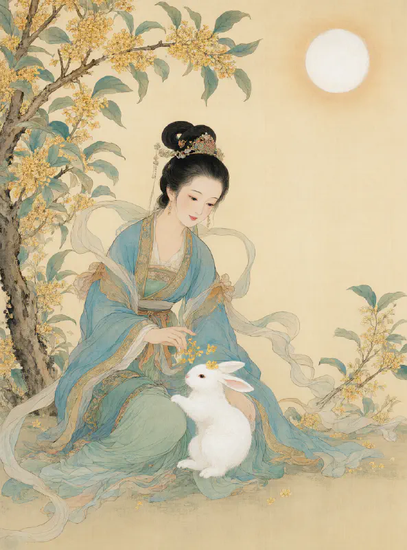 工筆重彩：嫦娥與撲裙的玉兔