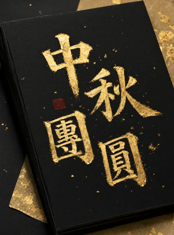 黑卡金箔：中秋團圓四字貼金