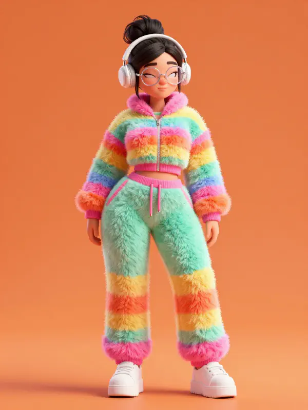細節豐富的 3D 卡通人物概念設計：彩虹蓬鬆運動服與曲線美感