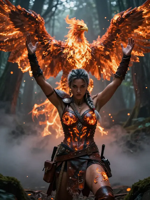 Epic Fantasy Warrior Commanding Fire Phoenix