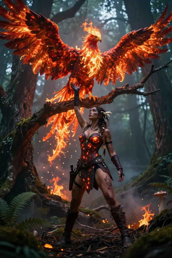 Cinematic Fantasy Scene with Fire Falcon