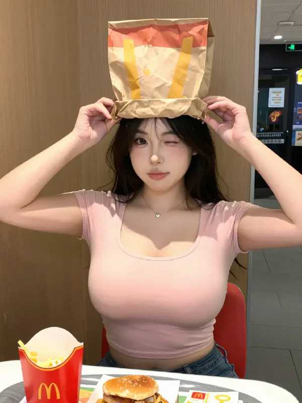 在麥當勞的俏皮蒙面女郎